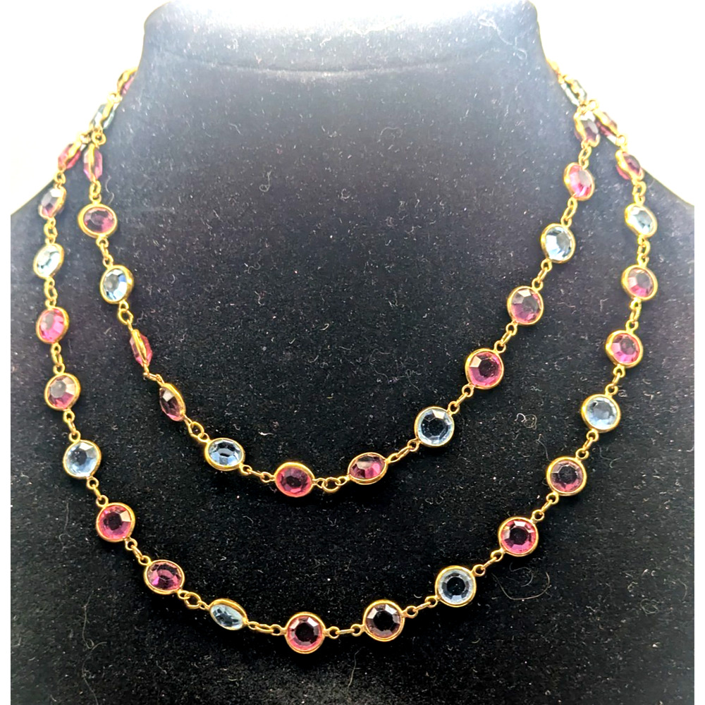 Vintage Gold Tone Pink Blue Purple Crystal Station Necklace Bezel 36in